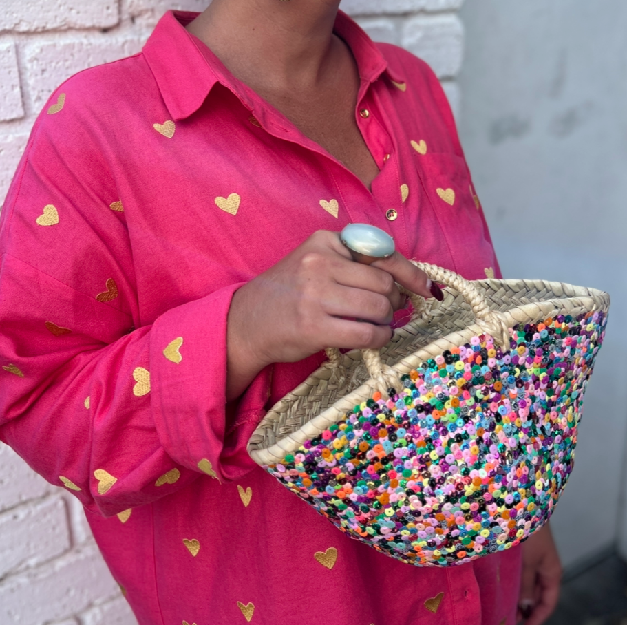 Mini Multicoloured Sequin Straw Basket