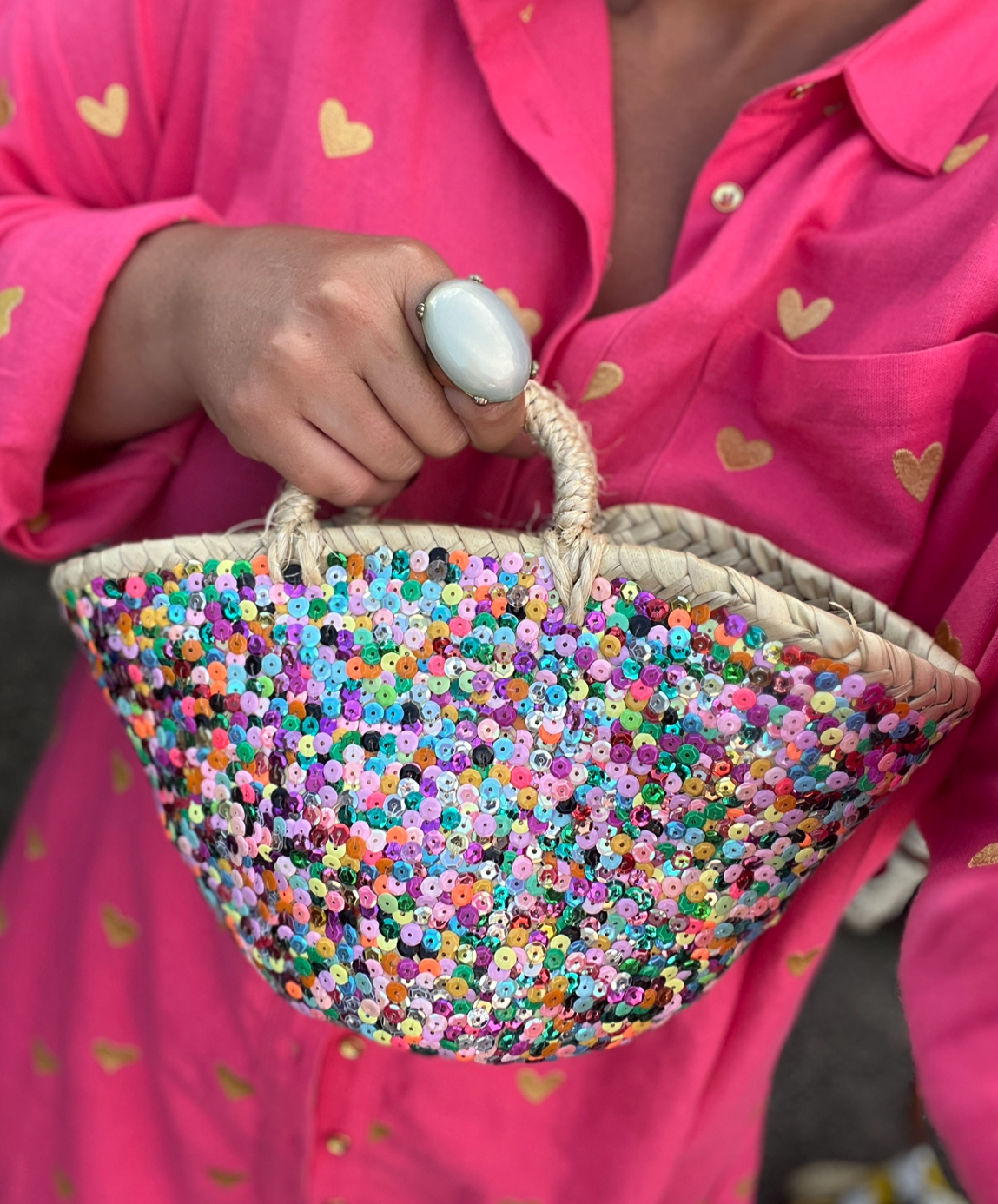 Mini Multicoloured Sequin Straw Basket