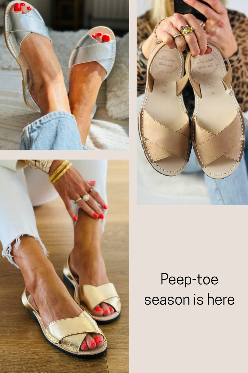 Three-panel collage showing peep-toe slide sandals worn on feet, held in hands, and a text panel reading 'Peep-toe season is here.'