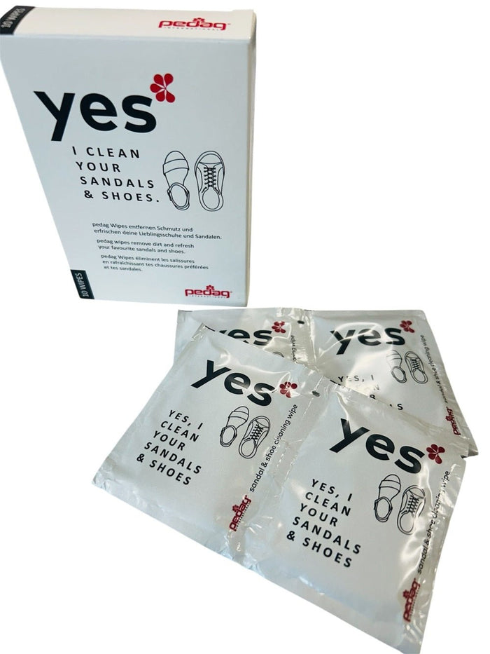 Pedag Yes shoe and sandal cleaner kit, showing the white retail box and several individual foil packets on a plain white background.