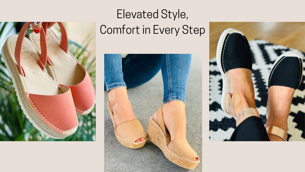 Peach coloured sandals and wedge tan espadrilles and black and gold sandals