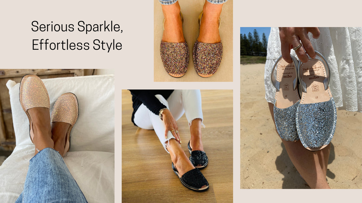 A collage of four lifestyle photos showcasing sparkly flat shoes in different colors and styles. The top-left panel shows a pair of beige glitter flats worn with jeans, with the text 'Serious Sparkle, Effortless Style'.