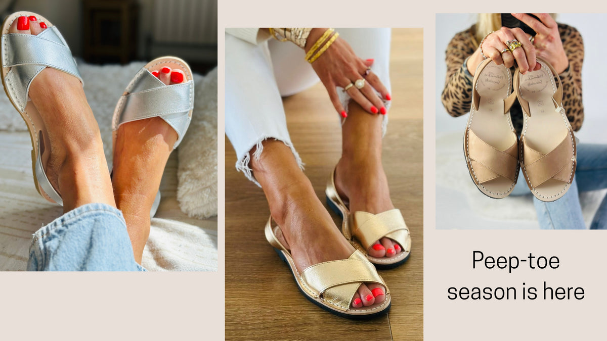 A three-panel collage showcasing women's peep-toe flat sandals in different colors and styling. 