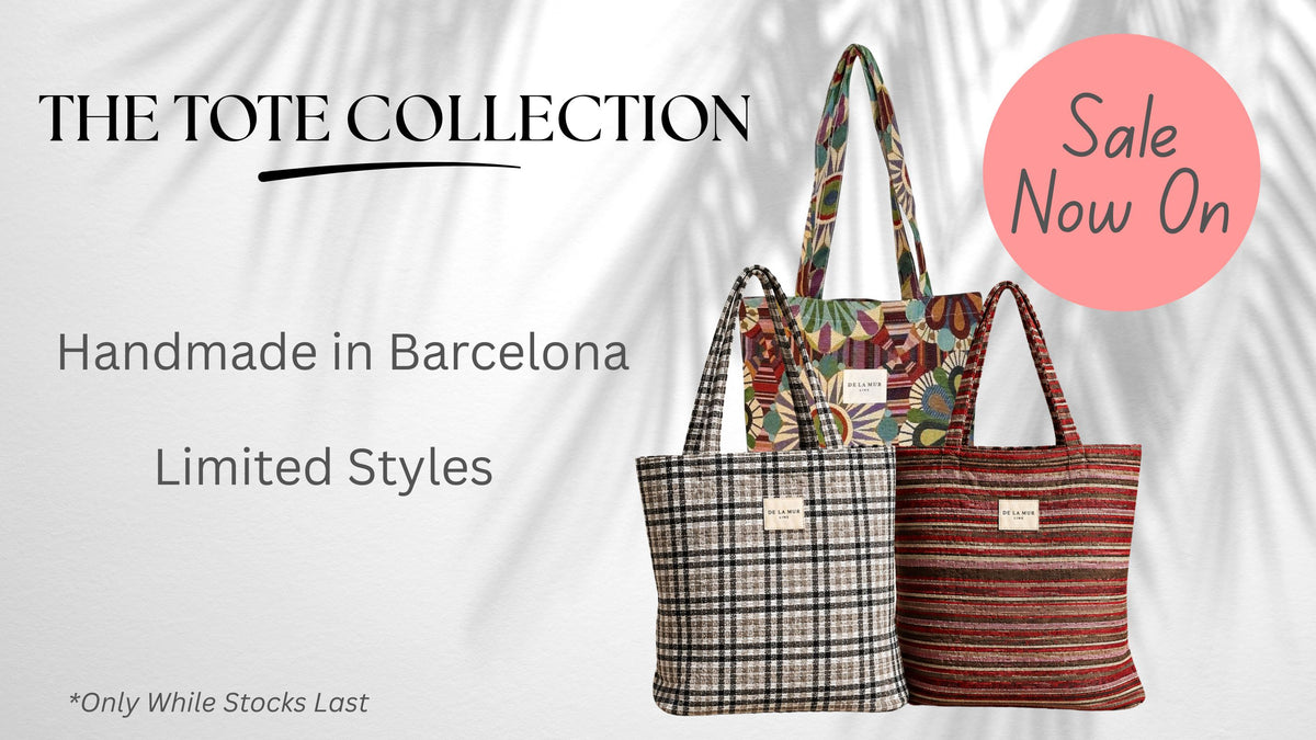 three tote bags flower pattern and stripe patterns. Showing bags are on sale and made in Barcelona.