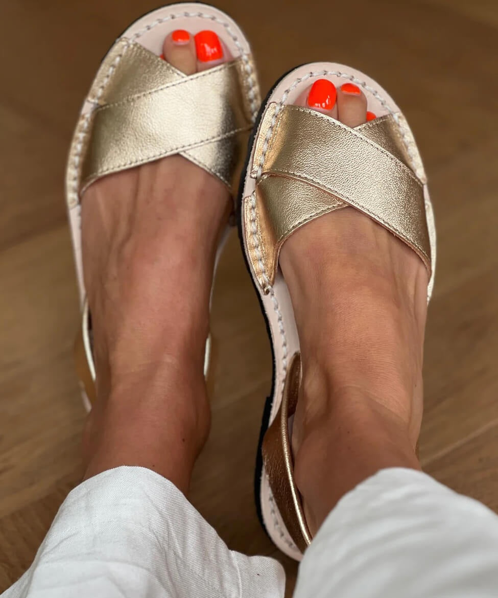 Gold sandals worn with white pants on a wooden floor.