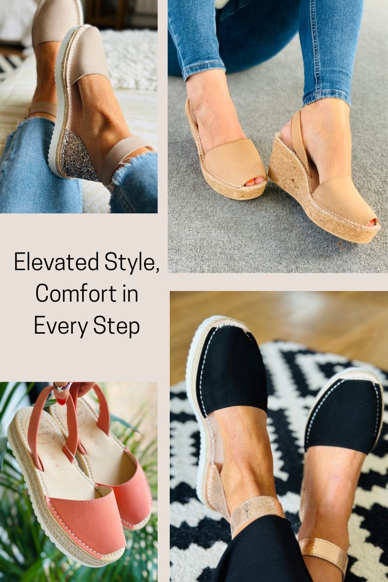 selection of wedge and lowform sandals, cream, tan , peach and black colour.
