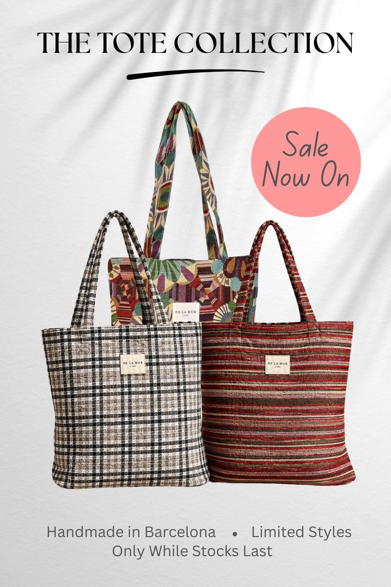 three tote style bags handmade in Barcelona are on sale. A range of patterned materials.