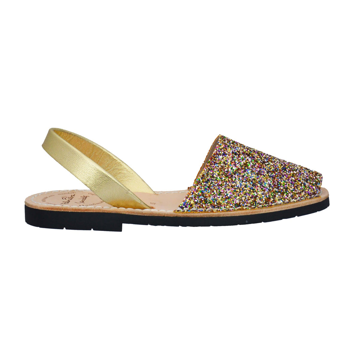 Glittery sandal with a gold strap on a white background