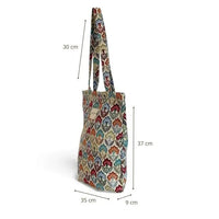 Multicolored patterned tote bag with dimensions indicated on a white background