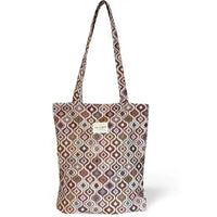 Patterned tote bag with a visible brand label on a white background