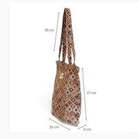 Patterned bag with dimensions marked on a white background