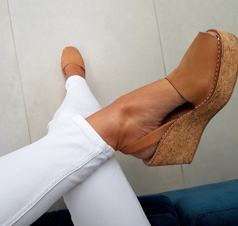 close up tan cork wedge