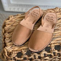 Pair of tan sandals on a woven mat